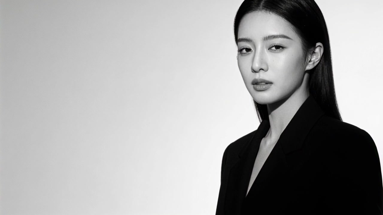 On camera cue, woman adjusting head and meeting gaze in studio portrait, black blazer, copy space