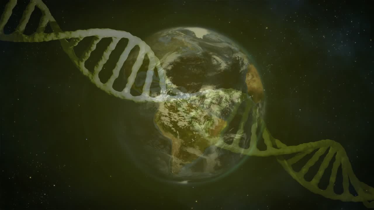 Animoitu DNA-kaksoiskierre materialisoituu pyörivän Maapallon yläpuolelle, vaihtuvat sävyt kuvastavat geneettistä monimuotoisuutta
