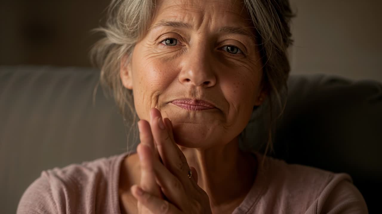 Vertical video: Senior woman on sofa taking breath and lowering hands showing rings for wellness