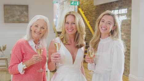 Three-Generation-Female-Family-Drink-Champagne-Adult-Daughter-Tries-On-Wedding-Dress-In-Bridal-Store