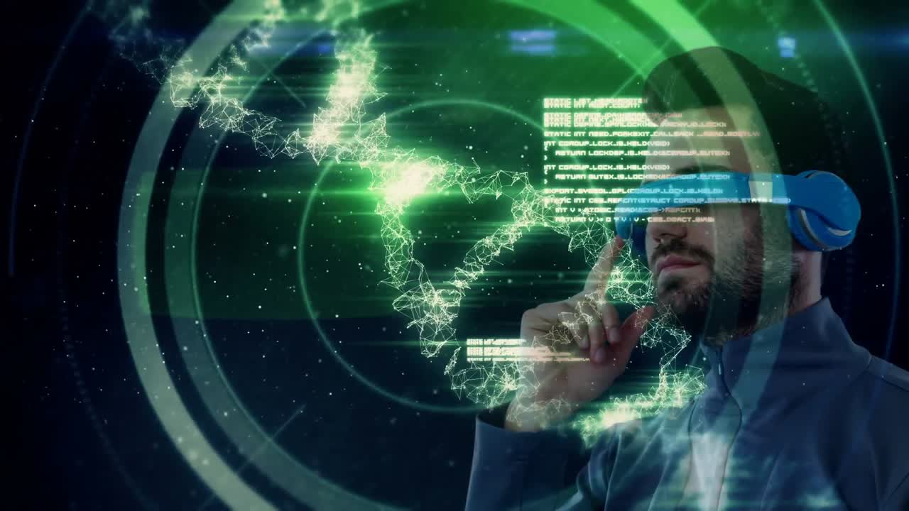 hombre usando vr con ilustración de adn verde
