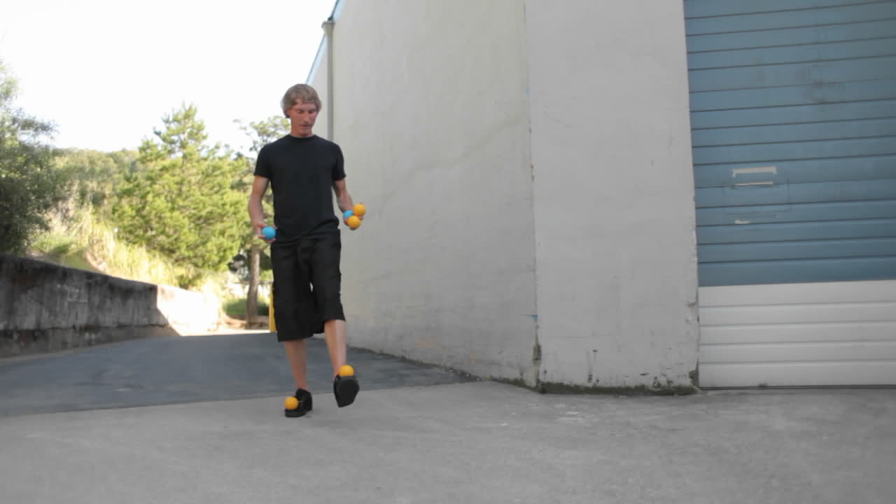 un hombre hace malabarismos con cinco bolas de colores con los pies y las manos