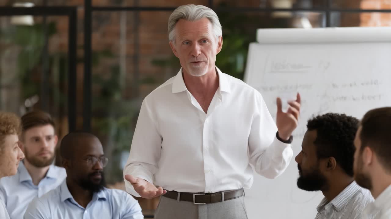 A Professional Leader Engaging a Group of Colleagues in a Dynamic Discussion in a Modern Office Setting, Fostering Collaboration and Ideas