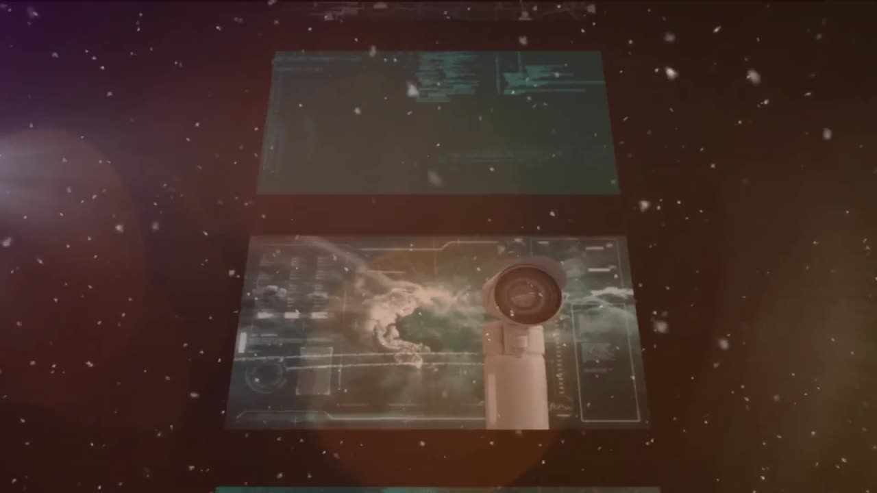 animación de copos de nieve y puntos de luz naranja sobre el procesamiento de datos en cascada de pantallas de interfaz