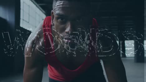 animación de procesamiento de datos y textos motivadores sobre hombre en forma afroamericano haciendo ejercicio en el gimnasio