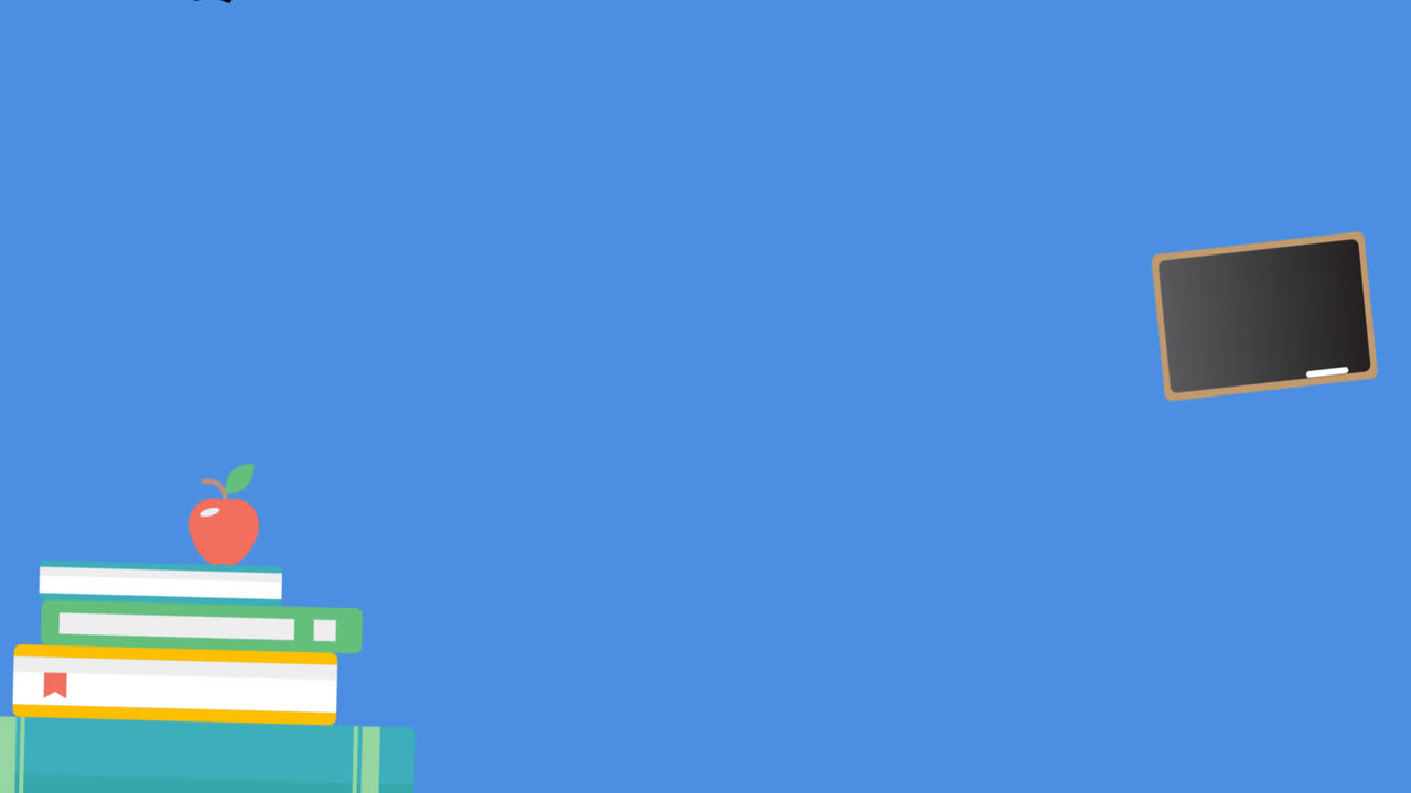 анимация счастливого дня учителя над школьными предметами иконы на синем фоне