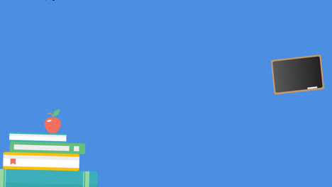 animación del feliz día del maestro sobre los íconos de los artículos escolares en fondo azul