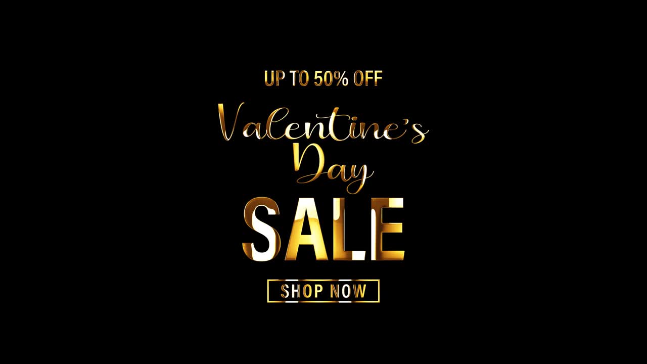 UP TO 50 PERCENT OFF VALENTINE DAY SALE golden text with light motion animation element effect. 4K seamless loop isolated transparent video animation text with alpha channel using Quicktime Apple prores 444.