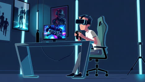 man playing virtual reality game in a neon futuristic room