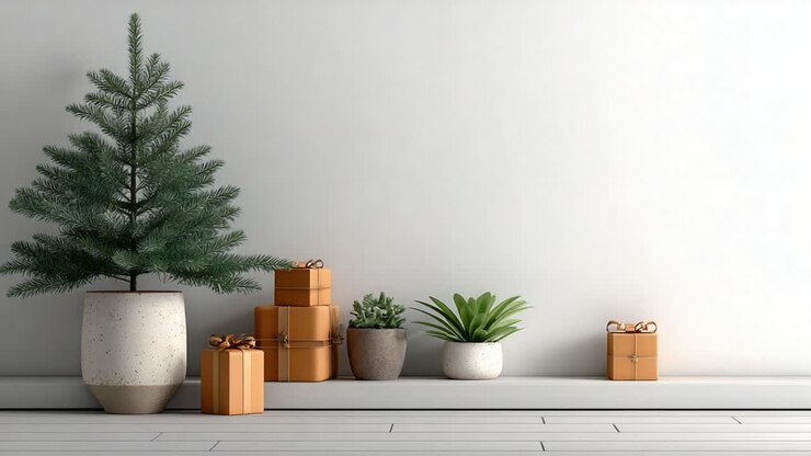 Una scena festiva con decorazioni natalizie, tra cui un albero di Natale, piante in vaso e confezioni regalo disposte elegantemente su uno sfondo minimalista