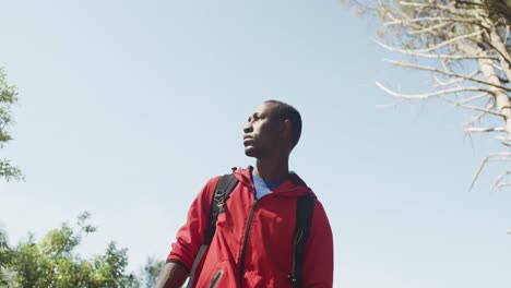 hombre afroamericano mirando hacia otro lado y caminando por el campo