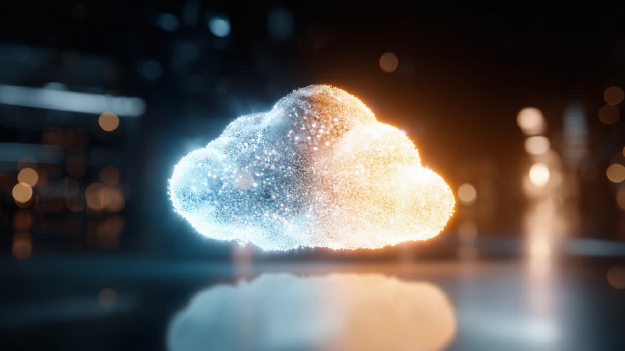 A Mesmerizing Transformation of a Cloud from Sparkling Particle Glow to a Warm Golden Hue in a Futuristic Setting