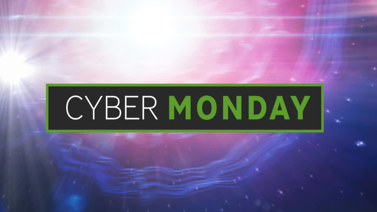 Animation of cyber monday text on black banner over glowing light on pink to purple background