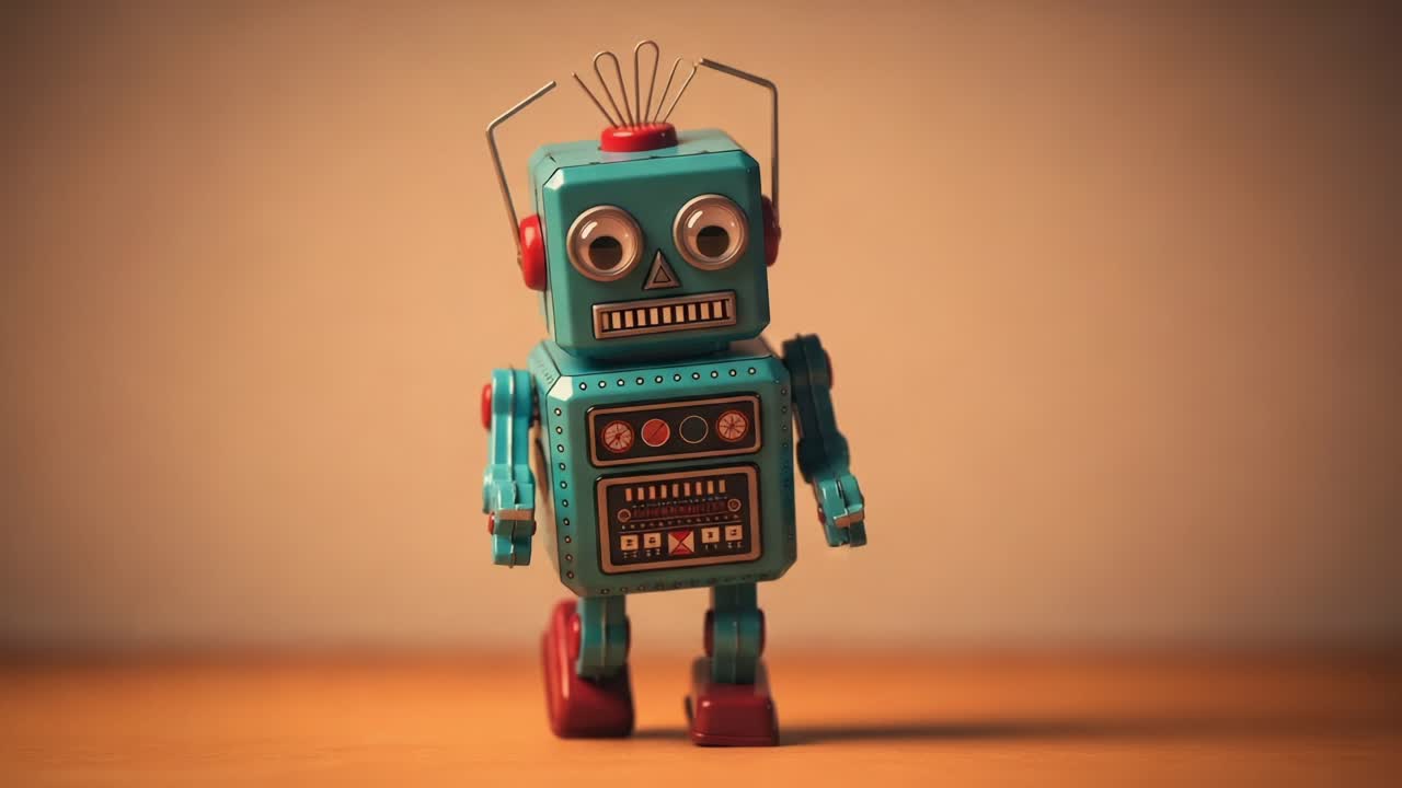 A Retro Robot Toy: Captivating Vintage Mechanical Design with Characterful Features and Bright Colors, Perfectly Showcasing Nostalgia and Playfulness