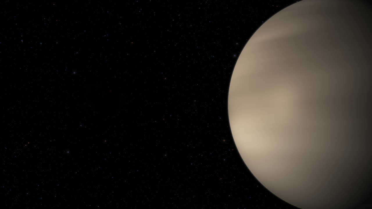 composite cgi: planeta venus girando, pantalla a la derecha, medio iluminado con un fondo estrellado