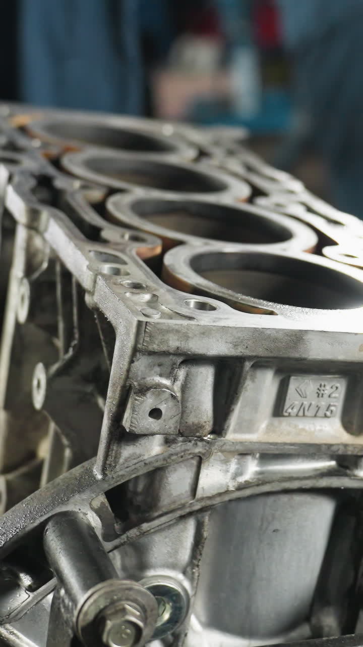 금속 세부 사항, 볼트 및 실린더와 함께 자동차 엔진의 클로즈업, 스탠드에 배치, 파란 유니폼을 입은 사람들이 배경에 보이는 기계 도구로 가득 찬 자동차 워크에서 일합니다.