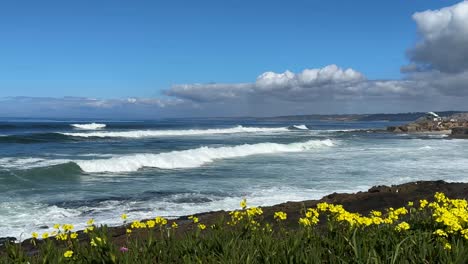 La-Jolla-Cove,-Paisaje-De-California-Durante-Un-Hermoso-Día-Soleado-Con-Grandes-Olas-Y-La-Estación-De-Salvavidas-Para-Niños-Al-Fondo