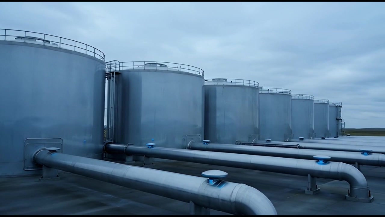 Fila de grandes tanques de almacenamiento industrial con tuberías de conexión
