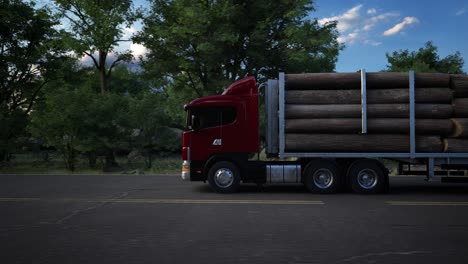 red logging truck on a forest road