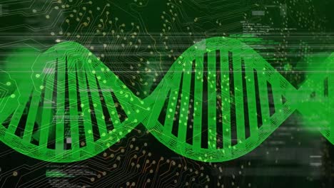 animation of interference and dna strand over computer circuit board and data processing