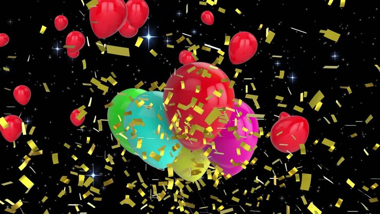 Animazione di coriandoli che cadono sopra palloncini multicolori su sfondo nero.