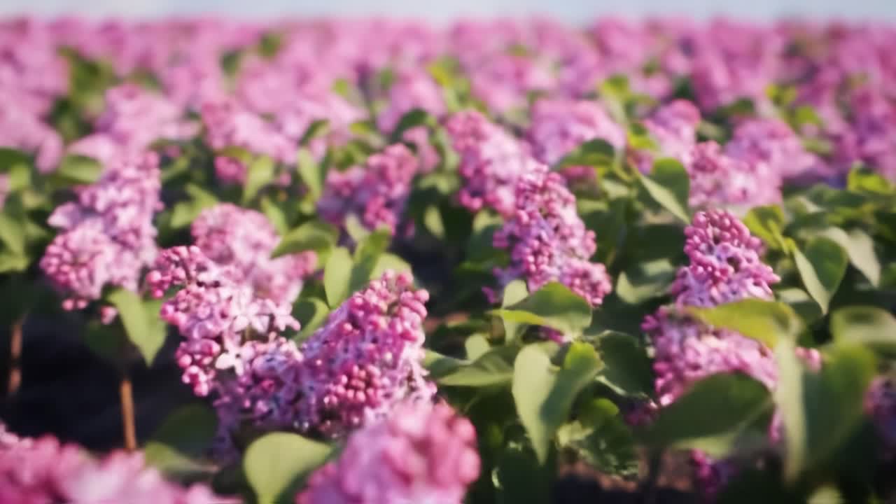 A lush lilac field showcases countless clusters of pink and purple flowers swaying gently in the breeze under a clear blue sky. This tranquil spot is perfect for nature lovers and photographers.