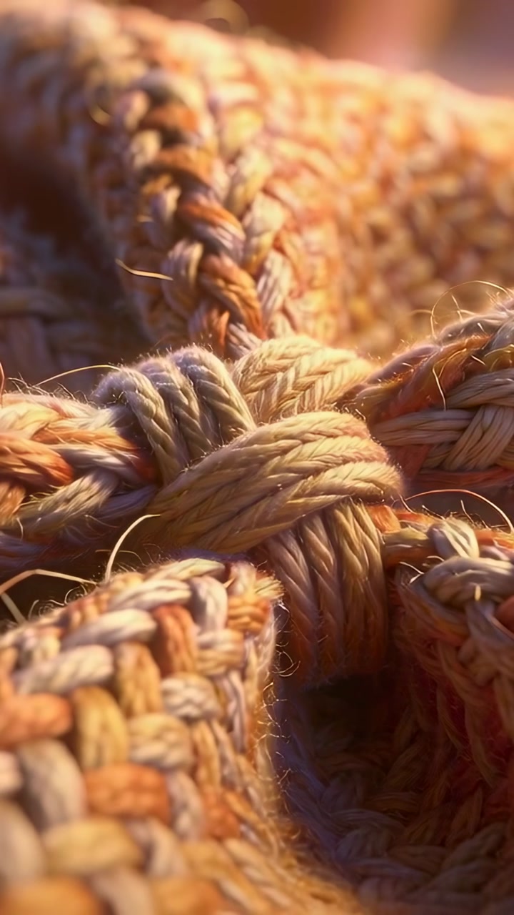 Vertical video: Camera pulling back, showing braided colorful yarn knot on desk and frayed fibers