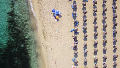 Toma-Aérea-De-Un-Dron-Del-Complejo-Playero-De-Cala-Mesquida,-Que-Muestra-Filas-De-Sombrillas,-Colchonetas,-Sillas-Y-Algunos-Bañistas-Tomando-El-Sol-En-La-Playa-De-Arena.