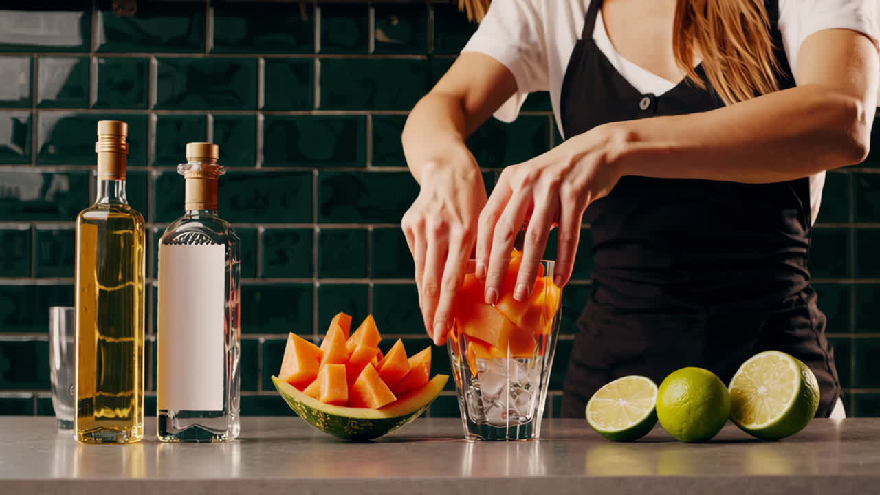 Bartender Prepares a Melon and Lime Cocktail