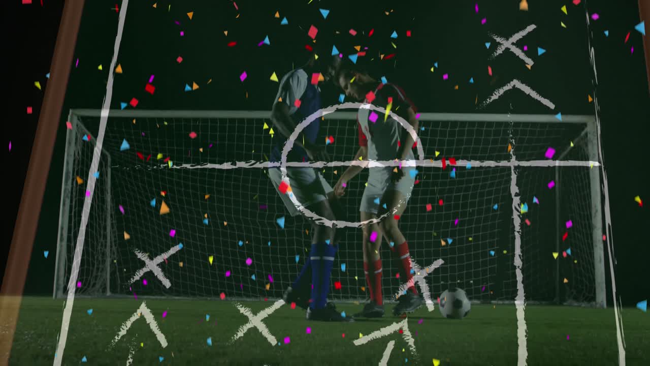 경기장 그림 위에 다양한 남성 축구 선수들의 애니메이션