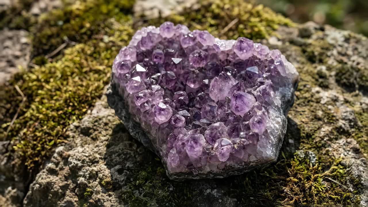 Una mano tocca delicatamente una geode di cristallo di ametista scintillante all'aperto