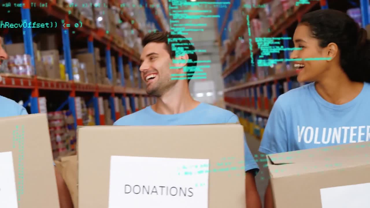 animación del procesamiento de datos sobre diversas personas que trabajan en el almacén