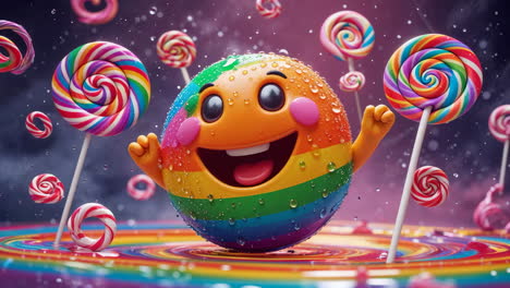 happy rainbow character surrounded by colorful lollipops