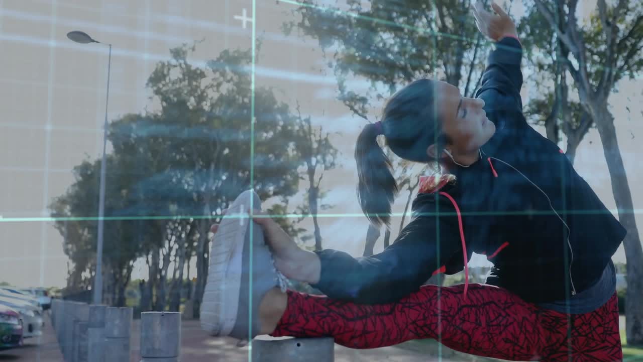 Woman lifting foot onto bollard, doing hamstring stretches for workout while code overlay shifting
