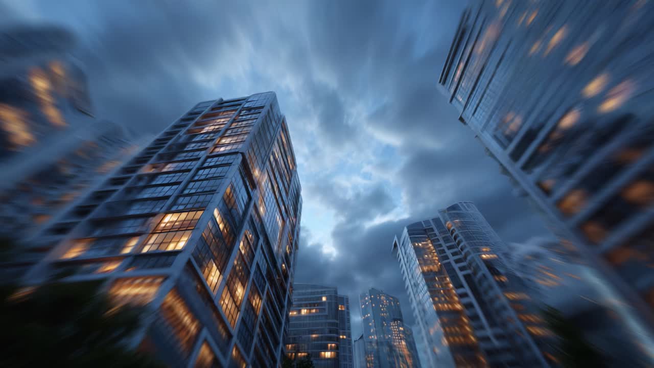 Un viaje a través de paisajes urbanos nocturnos: transici\ón del crep\\'sculo a la oscuridad con torres iluminadas e impresionantes cielos sobre paisajes de la ciudad