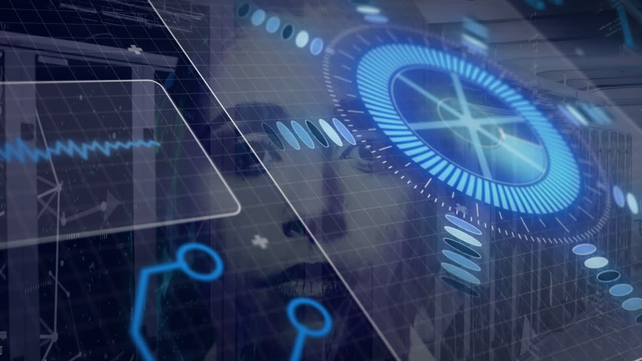 Animation overlaying human face with futuristic digital interface and data elements