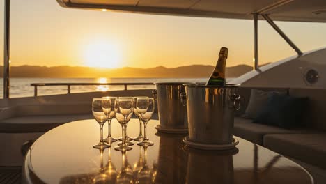 a serene evening on a luxury yacht: champagne, glasses, and a breathtaking sunset over tranquil waters