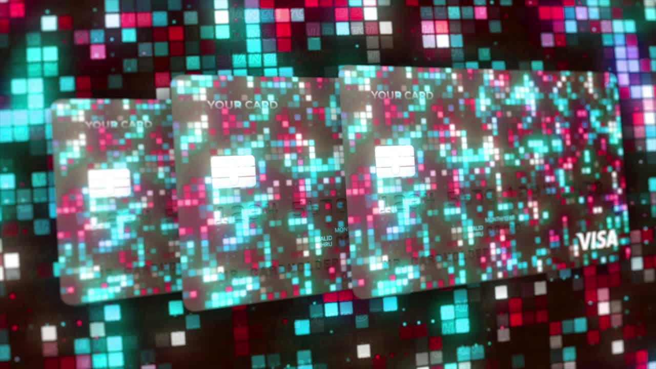 patrón de mosaico parpadeante abstracto de nuevas tarjetas de crédito bancarias. movimiento. concepto de pago en línea, dinero y sistema bancario.