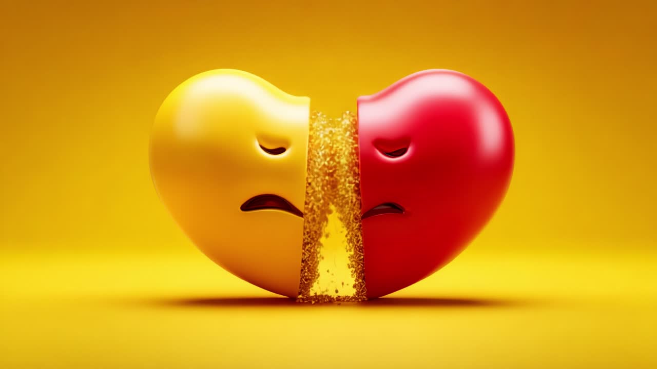 A visually captivating representation of heartache, showcasing two contrasting hearts - one yellow and one red - slowly separating amidst a backdrop of bright yellow, symbolizing emotional conflict