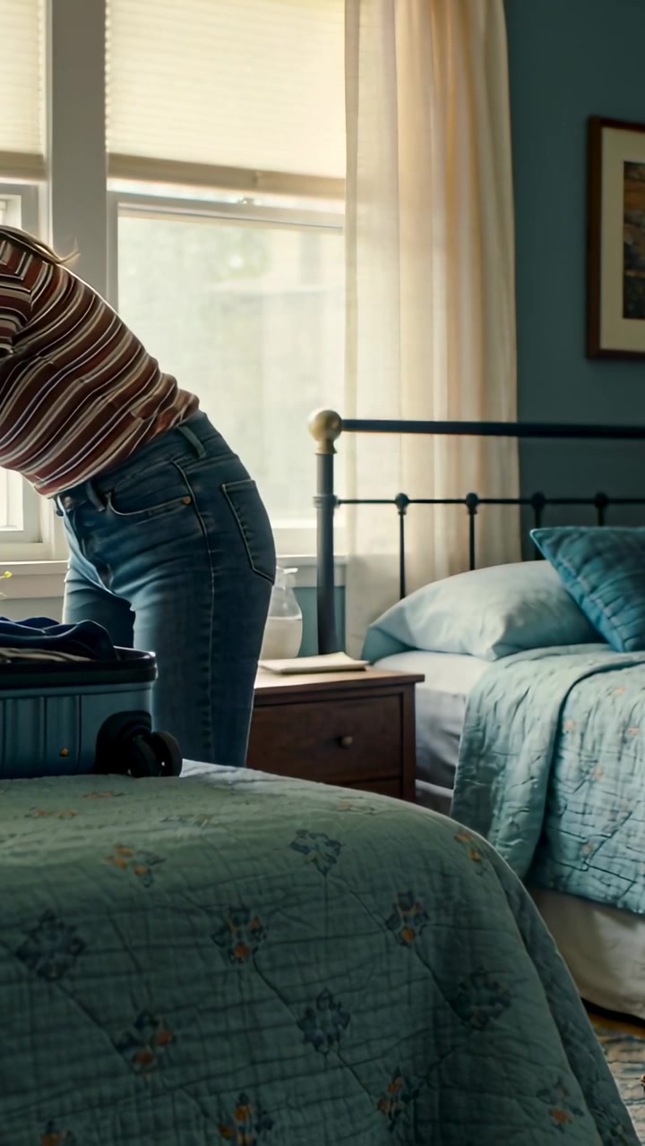 Video verticale: Donna che si china con maglietta a righe e jeans, che prepara una valigia rigida sul letto, con spazio per il testo.
