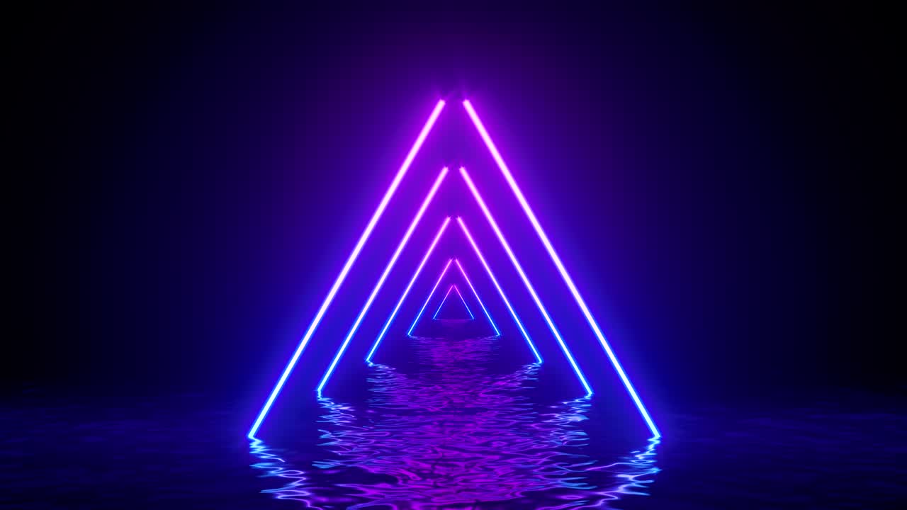 Glowing neon triangles with reflections in water surface. Abstract background, waves, ultraviolet, spectrum vibrant colors, laser show. 3d render illustration. 4K video.