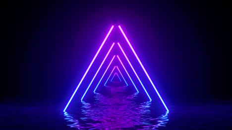 triángulos de neón brillantes con reflejos en la superficie del agua. fondo abstracto, ondas, ultravioleta, espectro de colores vibrantes, espectáculo con láser. ilustración de renderizado 3d. video 4k.