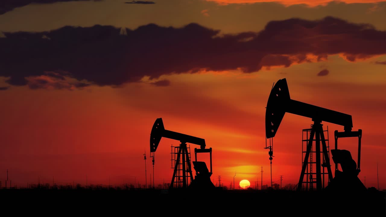 Bombas de extracción de petróleo en silueta al atardecer, capturadas desde un ángulo bajo. El espectacular cielo añade profundidad.