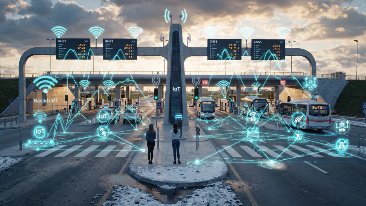 Futuristisk bykryds med smart teknologiintegration, travl trafik og levende solnedgang, der forbedrer den daglige pendlingsoplevelse i et moderne bymiljø