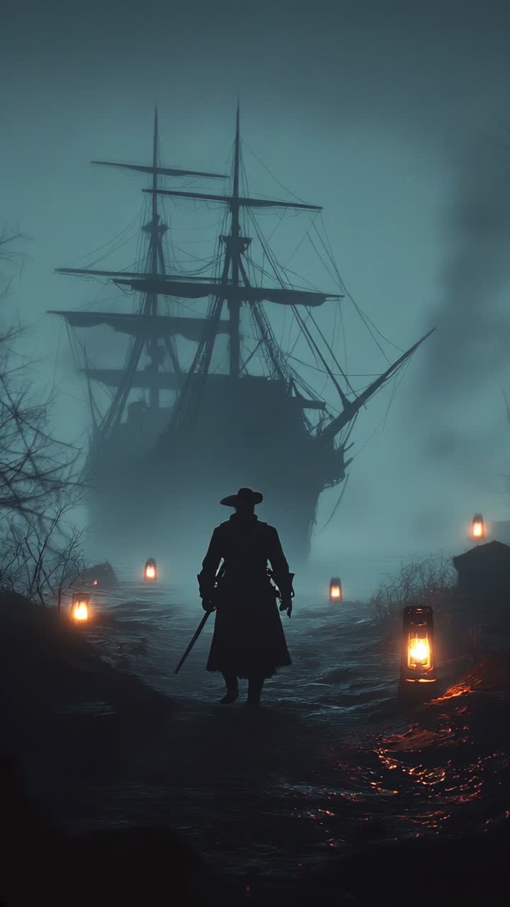 Mysterious pirate silhouette and ghost ship in fog