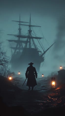 mysterious pirate silhouette and ghost ship in fog