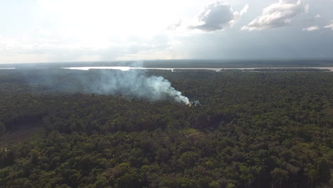 Slash-and-burn-agriculture,-aerial-view-of-a-fire-smoking-in-amazonian-forest.