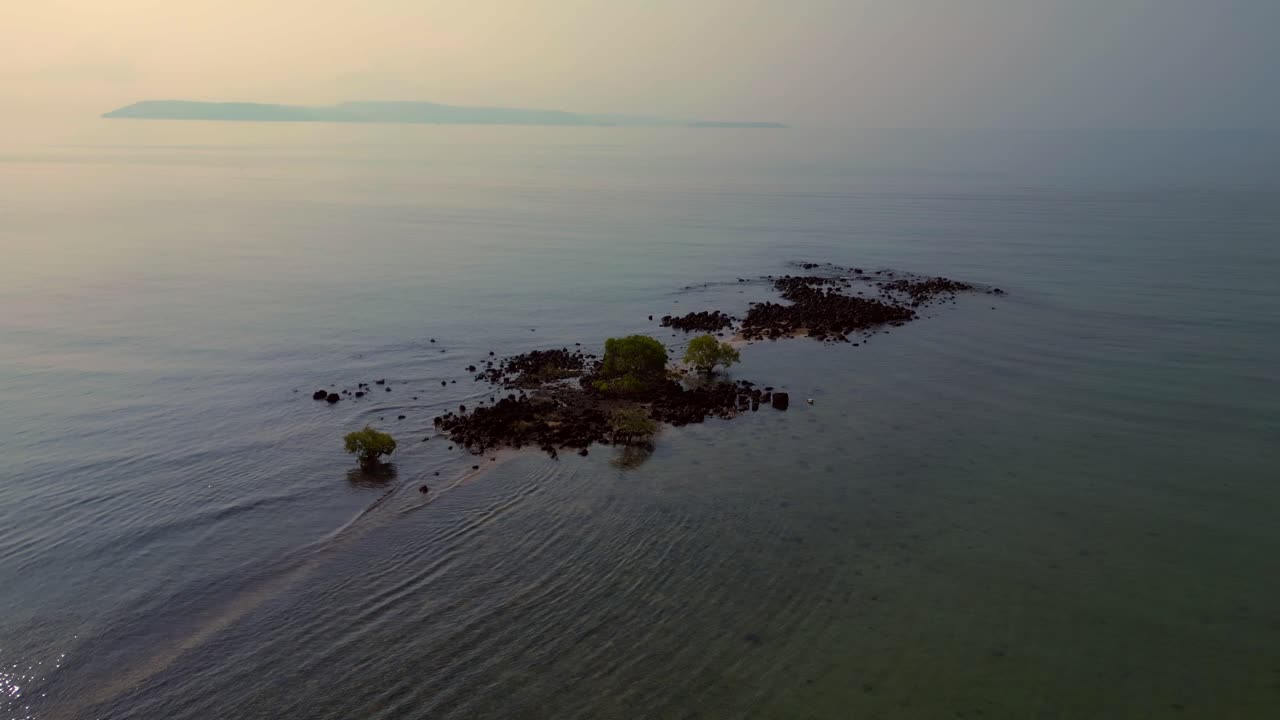small island emerging from the shallow water with mangrove trees growing on rocks. Best aerial view flight panorama orbit drone