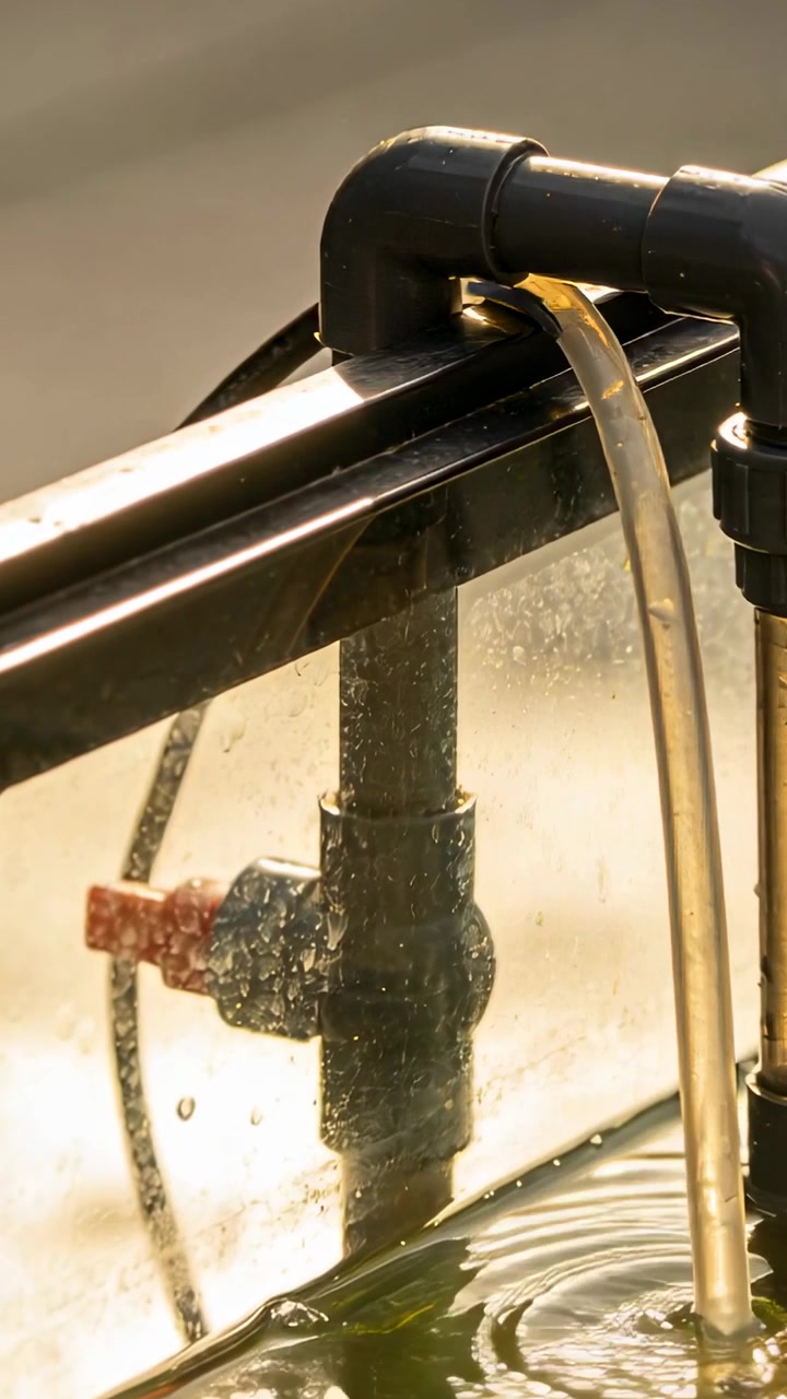 Video verticale: Un gomito in PVC e tubi trasparenti che versano gocce costanti in un serbatoio, creando increspature.