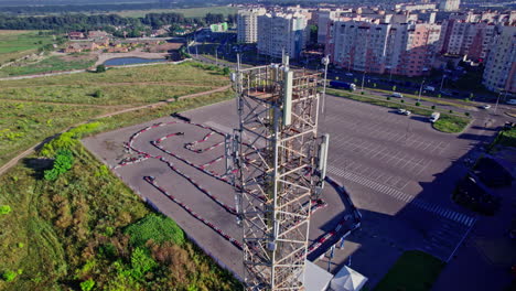 telecommunication tower with antennas against blue sky